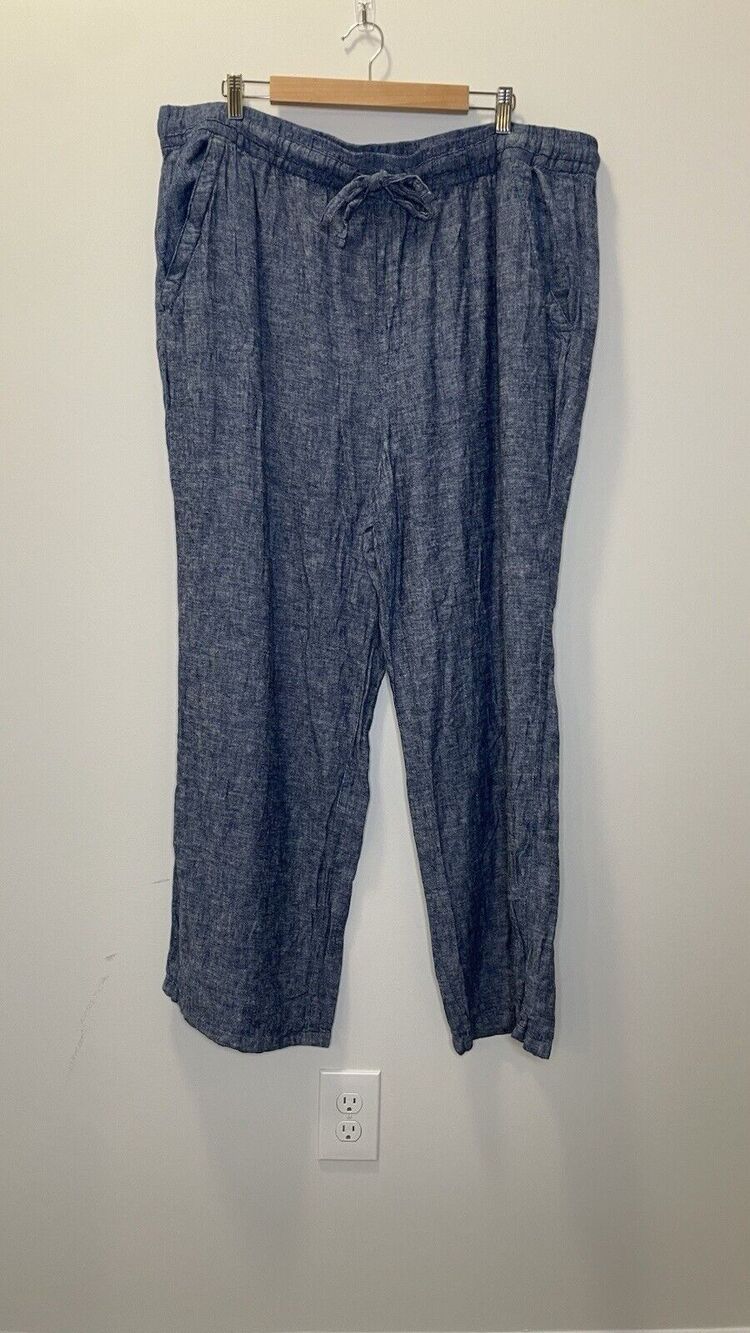 Old Navy Linen Pant Elastic Waist Drawstring Cuff Beach Casual Wide Leg Blue XXL